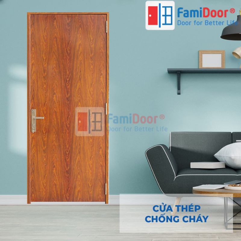 Cửa thép chống cháy với thiết kế phủ vân gỗ